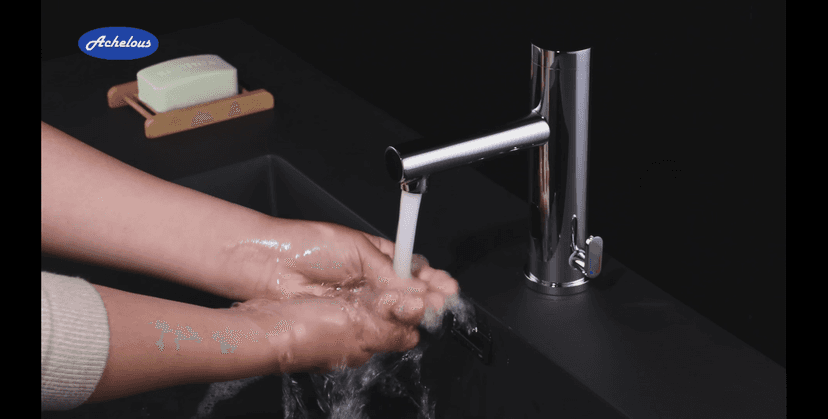 Achelous Automatic Touchless Bathroom Sink Faucet with Deck Plate,Hands Free Infrared Sensor Basin Faucet with Temperature Control, Battery Powered Sensor Bathroom Tap,Chrome