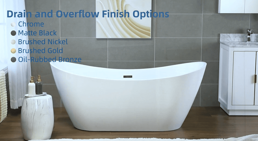 WOODBRIDGE 67" Acrylic Freestanding Bathtub Contemporary Soaking White Tub with Brushed Gold Overflow and Drain，B0010-BG