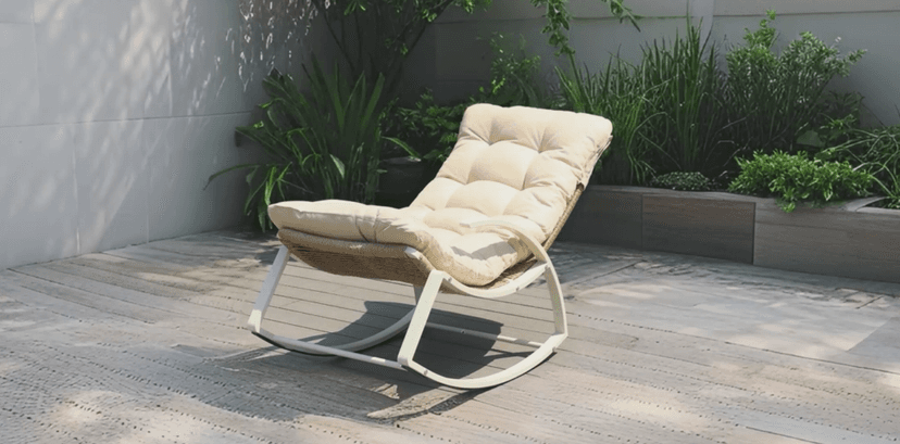 IRONCK Patio Rocking Chair, Outdoor Rocking Chair with Armrest and Cushion, Handwoven Twisted Rattan Rocker for Indoor Living Room Balcony Garden Porch, Beige