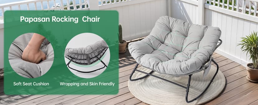 LotFun Papasan Rocking Chair, Outdoor Patio Rocking Chairs with Thick Cushion and Removable Side Pockets, Oversized Rocker Egg Chair for Bedroom, Porch, Garden (Dark Grey, 33" W x 40" D x 28" H)