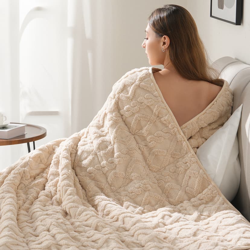 Drewin Weighted Blanket 15lbs Queen Size, Soft and Thick Jacquard Sherpa Heavy Blanket for Calming and Relax, Dual Sided Ultra Soft Fuzzy Throw Blanket with Ceramic Beads, 60 x 80 inches, Cream White