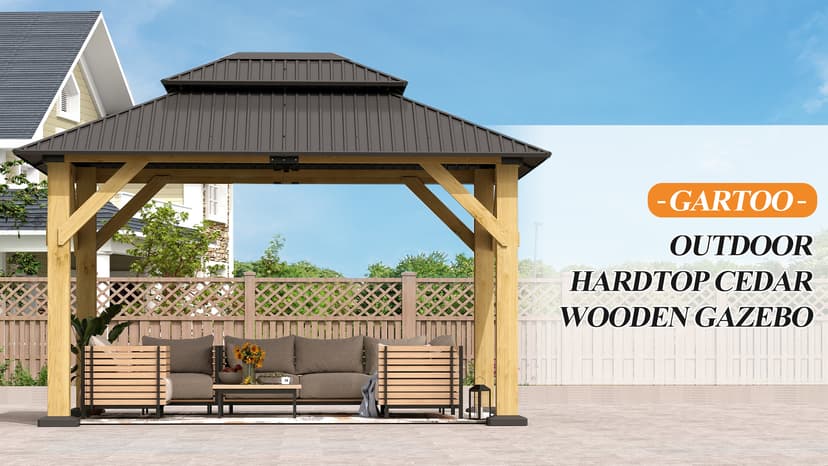 10' x 12' Outdoor Wooden Gazebo - Patio Hardtop Gazebo Permanent Wooden Pavilion with Galvanized Steel Double Roof, Wood Gazebos for Garden, Lawn, Poolside, Backyard Deck