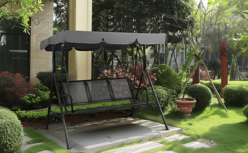 Yaheetech Outdoor Patio Swing Chair, 3-Seat Patio Sunset Hanging Swing Glider w/Adjustable Canopy & Texteline Fabric & Armrests, Outdoor Love Seat Bench for Patio/Garden/Yard/Porch, Gray