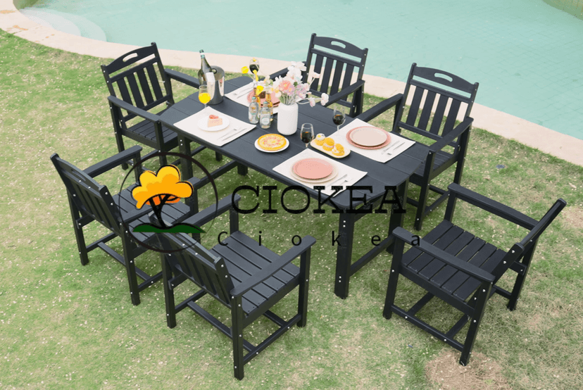 HDPE Outdoor Dining Set 7-Piece Patio Table and Chairs with Umbrella Hole, All-Weather Patio Dining Set for 6, Durable Patio Furniture Set for Backyard, Garden, Lawn & Poolside, Grey