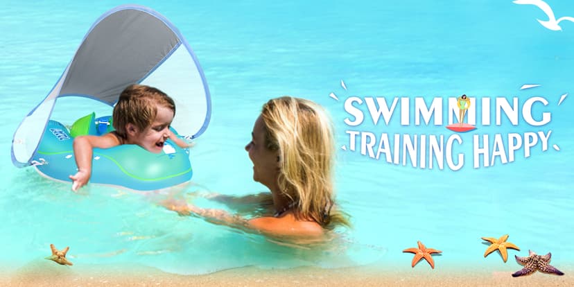 LAYCOL Baby Swimming Float Inflatable Baby Pool Float Ring with Sun Protection Canopy,add Tail no flip Over for Age of 3-36 Months