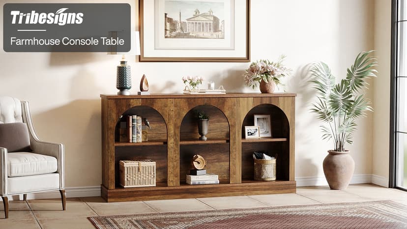 Tribesigns Farmhouse Console Table, 63-Inch Long Entryway Table with 3 Tier Storage, Wooden Rectangular Sofa Table Behind The Couch for Entrance, Hallway, Living Room, Brown