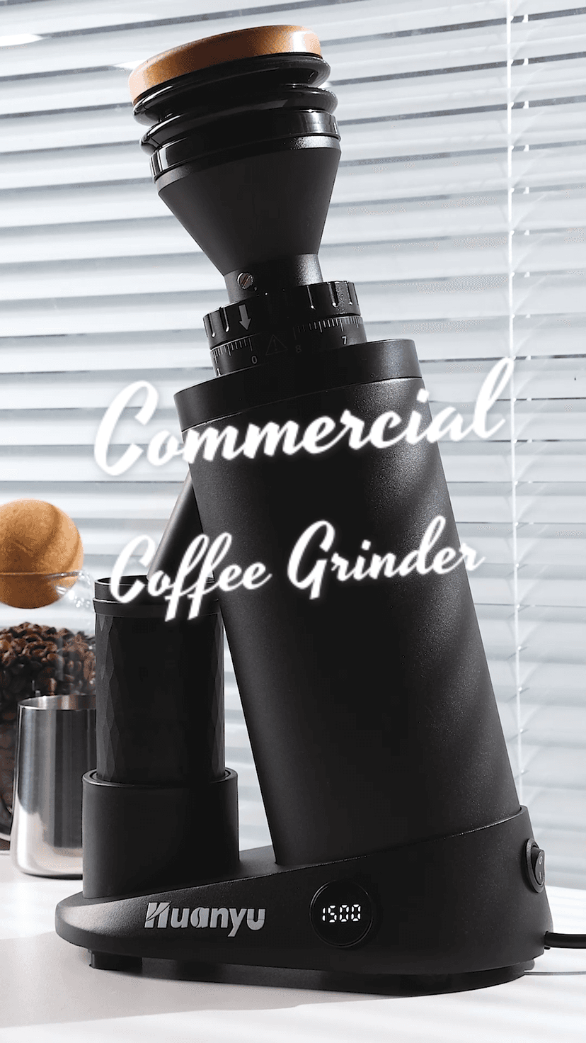 Huanyu Commercial Coffee Grinder Variable Speed Time Based Dosing Flat Burr Knob Control Professional Grinder with 8 Stepless Grinding Settings