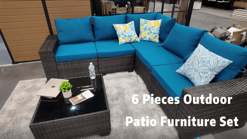 6 Pieces Patio Furniture Set All-Weather Outdoor Wicker Sectional Conversation Sofa Rattan Patio Seating Sofa with Cushion and Glass Table for Porch Poolside,Beige
