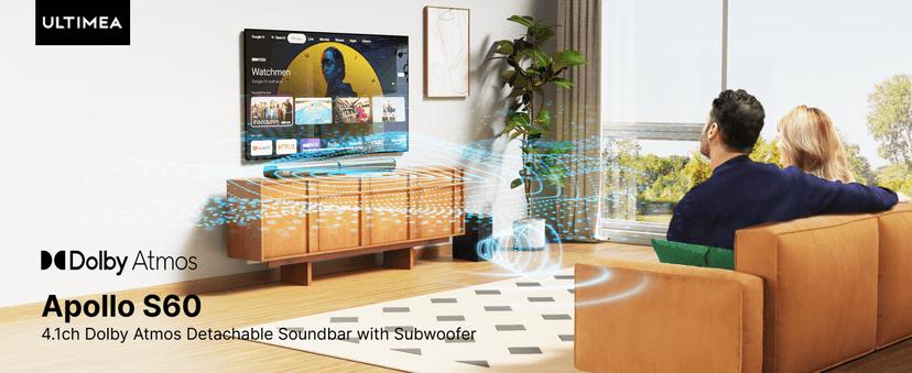 ULTIMEA 4.1ch Sound Bar for Smart TV with Dolby Atmos, 2-in-1 Bluetooth 5.3 Soundbar with Subwoofer, 280W Peak Power, 3 EQ Modes TV Soundbar, Bass Adjustable, HDMI eARC, Apollo S60, 2025 Upgraded
