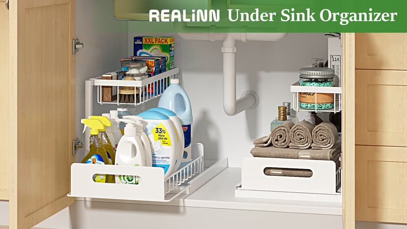 REALINN Under Sink Organizer, Pull Out Cabinet Organizer 2 Tier Slide Out Sink Shelf Cabinet Storage Shelves, Under Sink Storage for Kitchen Bathroom Cabinet, White, 1 Pack