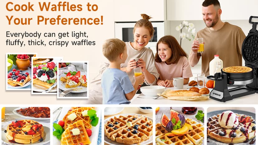 Waffle Maker, Double Belgian Waffle Maker 180°Flip, 1400W Waffle Iron 8 Slices, Rotating & Nonstick Plates with Removable Drip Tray for Easy Clean, Stainless Steel, Locking Buckle & Cool Touch Handle