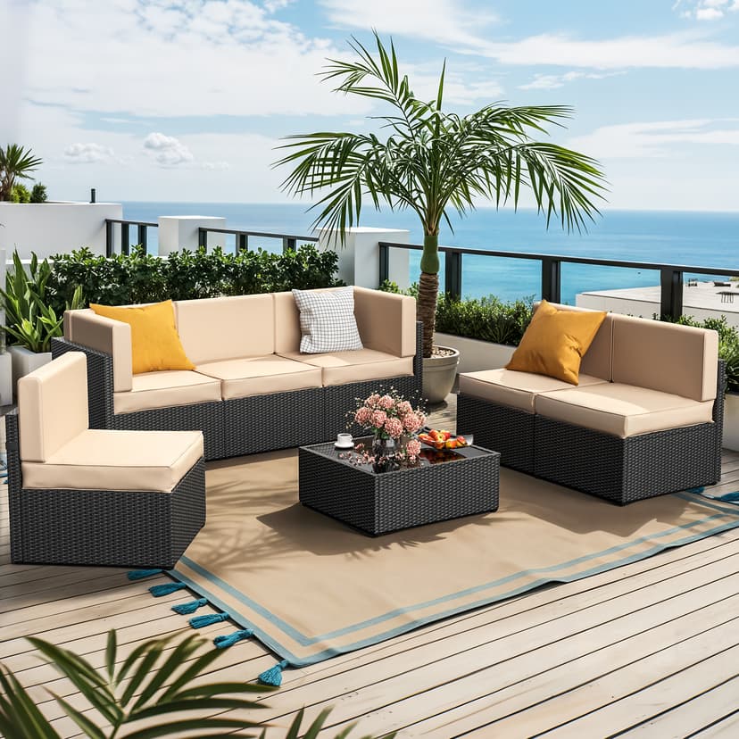 Pamapic 7-Piece Outdoor Sectional Furniture Set, All-Weather Wicker Patio Sofa with Washable Cushions, Gray Waterproof Rattan Conversation Set for Backyard, Poolside, Garden (Gray Cushions)