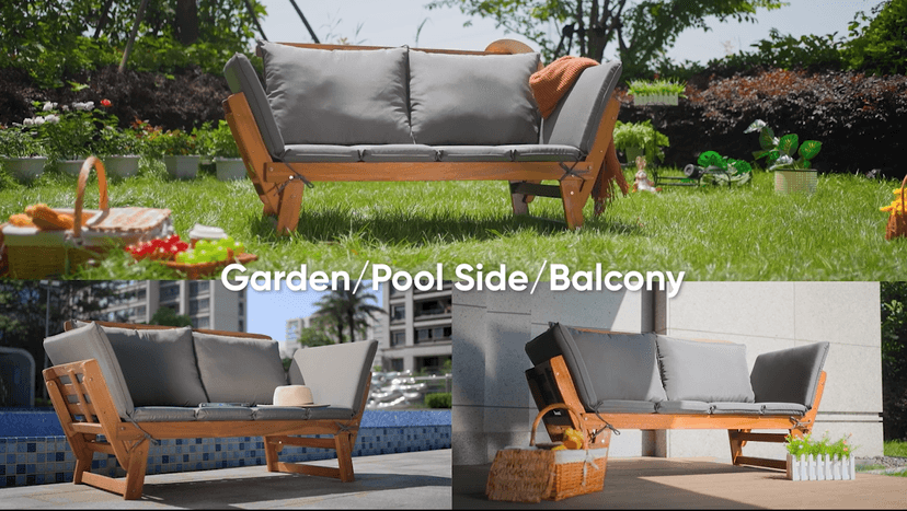 Devoko Outdoor Couch Acacia Wood Patio Couch with Adjustable Armrests, Outdoor Convertible Sofa with Removable Cushions & Pillows for Patio, Porch, Poolside(Grey)