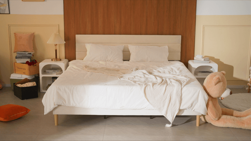 Queen Bed Frame, Platform Bed Frame with Velvet Upholstered Headboard, No Box Spring Needed, Sturdy Metal Support, Noise Free, Easy Assembly, Modern Bedroom Furniture, Beige