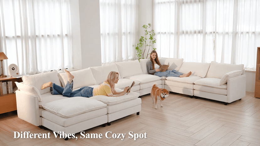 Vesgantti 108" U Shaped Sectional Couch, Comfy Cloud Modular Sectional Sofa with 2 Ottoman Deep Seat Chenille Modern Cloud Sofa, Modular Sofas for Living Room, Bedroom and Apartment, Beige