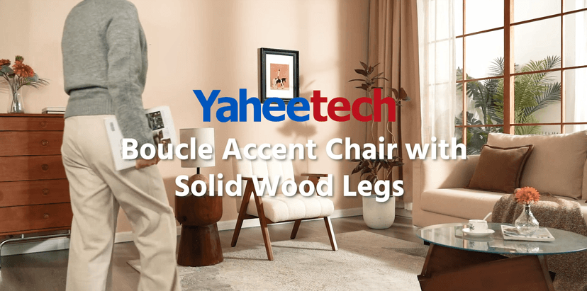 Yaheetech Boucle Fabric Mid Century Accent Chair Set of 2, Modern Upholstered Living Room Chairs with Solid Wood Legs, Reading Armchair for Small Spaces Bedroom