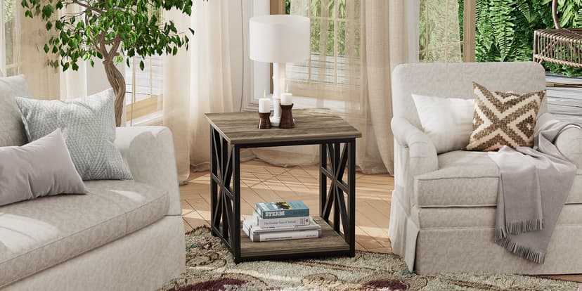 GreenForest End Table with 2-Tier Storage Shelf, 24 inch Large Side Table for Living Room,Modern Nightstand for Bedroom Bedside Office Farmhouse, Grey Wash