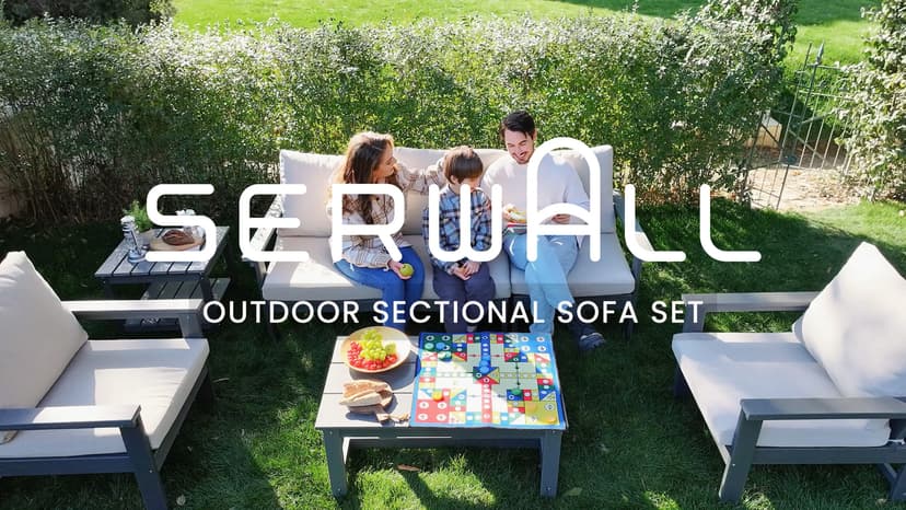 SERWALL HDPE Patio Furniture Set, 7-Piece Outdoor Sectional Sofa Set, All Weather Outdoor Couch Set for Deck, Lawn, Grey Frame with Khaki Cushion