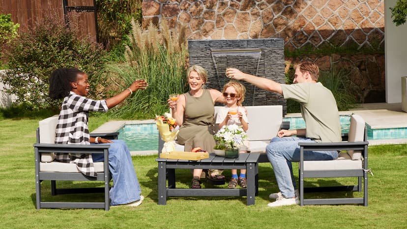SERWALL 5 Pieces HDPE Outdoor Sofa Set with Cushions, All Weather Use Patio Conversation Couch Loveseat Furniture with Coffee Table for Balcony, Deck, Poolside, Grey Frame with Khaki Cushions
