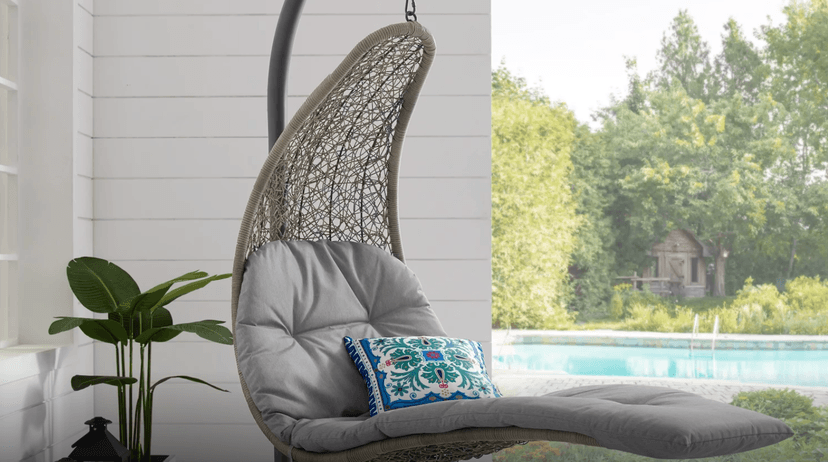 Modway Landscape Wicker Rattan Outdoor Patio Porch Chaise Lounge Hanging Swing Chair Set with Stand in Light Gray Gray