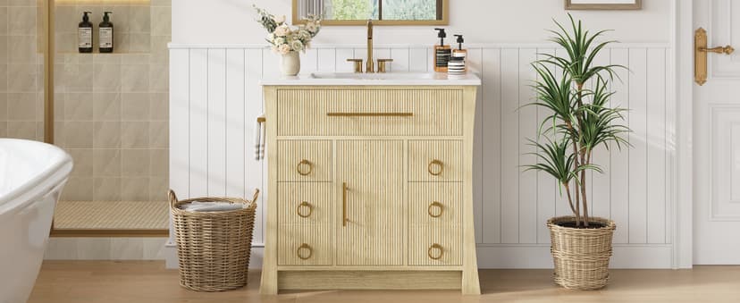 IRONCK 36" Bathroom Vanity with Sink, Freestanding Bathroom Sink Cabinet with 4 Drawers & 1 Flip-Down Drawer, Wood Grain Texture, Metal Handle, Farmhouse