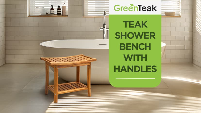 Premium 22" Teak Shower Bench with Handles, Waterproof Teak Shower Stool, Wooden Stool for Bathroom, Teak Wood Shower Bench Stool Seat Chair for Shower Storage Shelf, 300 Lbs Capacity