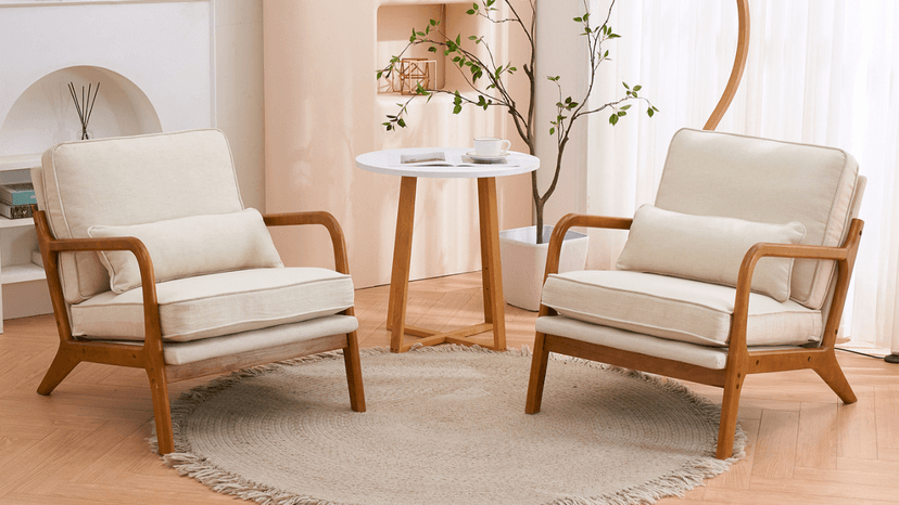 Karl home Accent Chair Mid-Century Modern Chair with Pillow Linen Fabric Upholstered Lounge Arm Chair with Solid Wood Frame & Soft Cushion for Living Room, Bedroom, Balcony, Beige