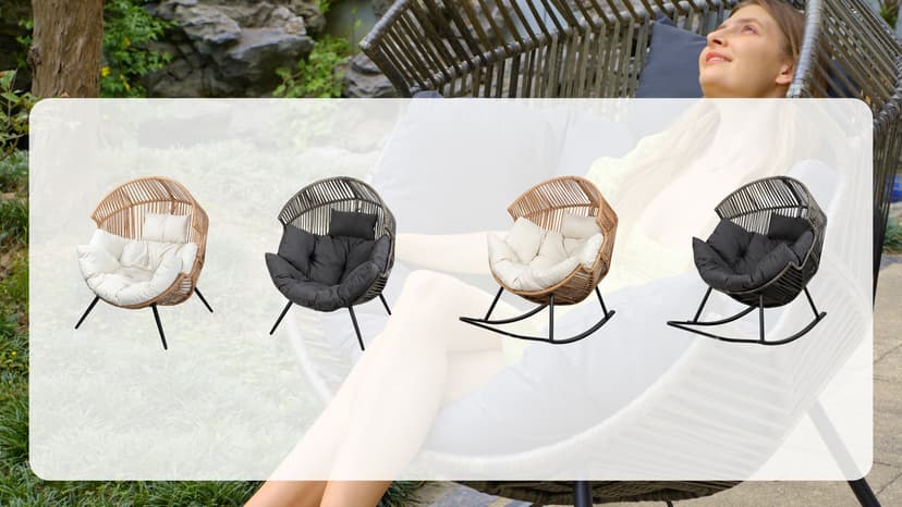 JAMFLY Egg Chair Wicker Outdoor Chairs, Oversized Patio Chair Oversized Lounger Chair with Cushion for Indoor Living Room, Bedroom, Outside Patio Backyard Balcony, Beige