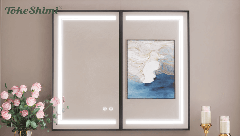 TokeShimi 24x30 Recessed Medicine Cabinet with Lights Mirror, 3-Color Stepless Dimmable LED Mirror Medicine Cabinet with Electrical Outlets and Defog, in Wall Mirror with Storage