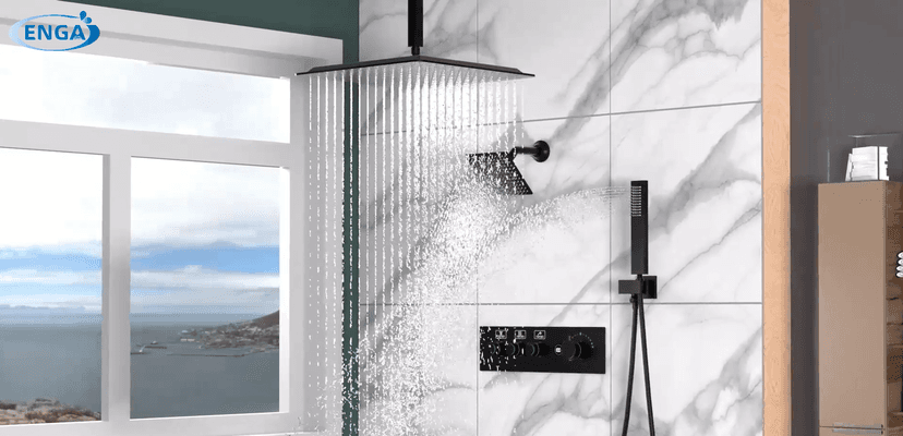Enga Temperature Display Shower System with Dual Shower Heads, 16" + 6" Dual Rain Shower System, Push-button Valve Thermostatic Shower Faucet Set, Can All Run Together & Flow Adjustable, Matte Black
