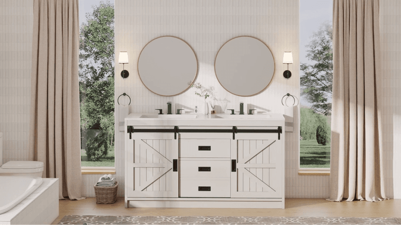 AMERLIFE 61" Farmhouse Double Bathroom Vanity with Sink Combo, Dual Basin Bathroom Storage Cabinet with Sliding Barn Doors & Drawers, Large Double Bath Vanity Sink Set, Rustic White