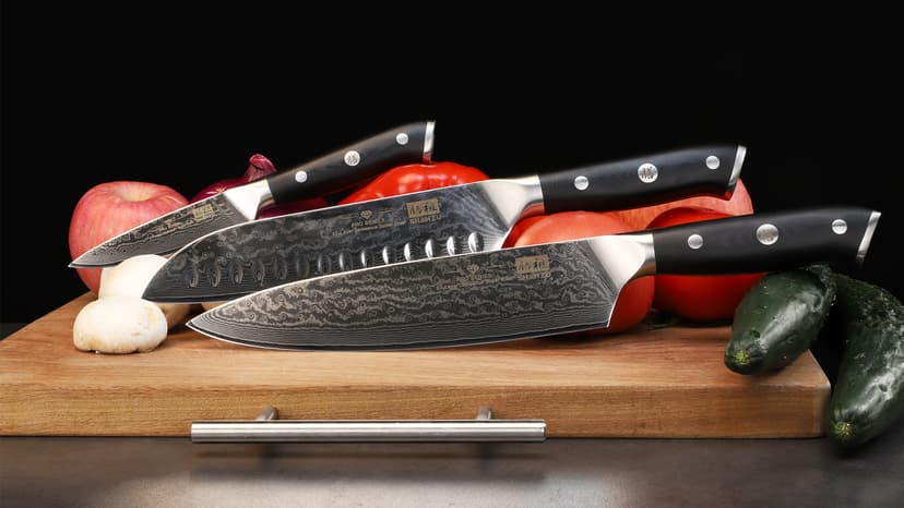 SHAN ZU Damascus Knife Set, Japanese Super Steel 3 PCS Damascus High Carbon Professional Ultra-Sharp Kitchen Chef Knife Set with G10 Handle Gift Box