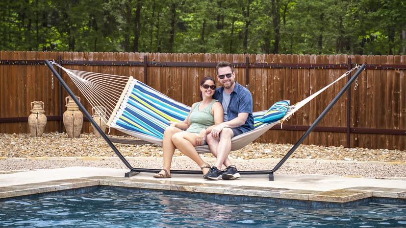 SUPERJARE Hammock with Stand, 2 Person Quilted Outdoor Hammock, Detachable Pillow & Bamboo Spreaders, Portable Hammock with Carrying Bag, Heavy Duty Stand, Perfect for Outside, Patio, Dark Cyan