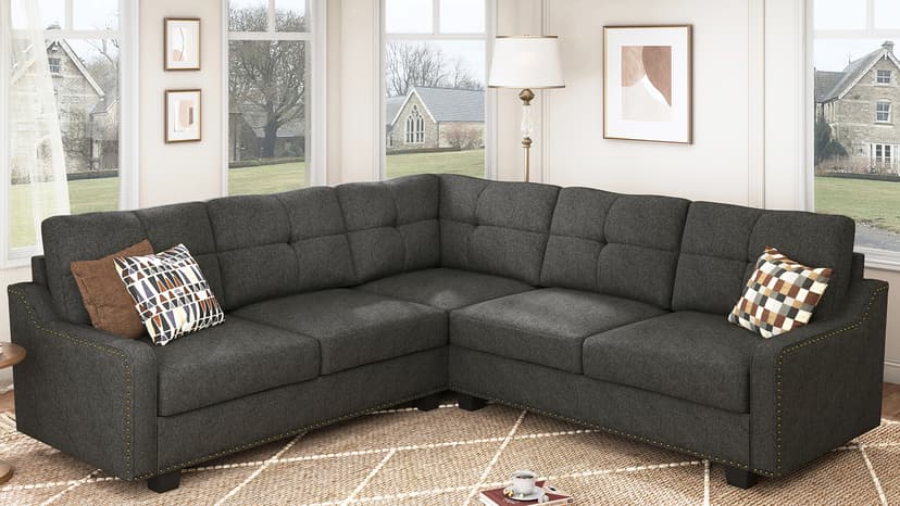 HONBAY Convertible Sectional Sofa L Shaped Couch for Small Apartment Reversible Sectional Couch for Living Room,Velvet Black