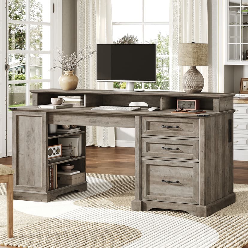 55'' Farmhouse Executive Desk with Drawers, Computer Desk with File Cabinet and Side Bookshelf, Writing Gaming Desk with Monitor Stand & Charging Station, White and Walnut