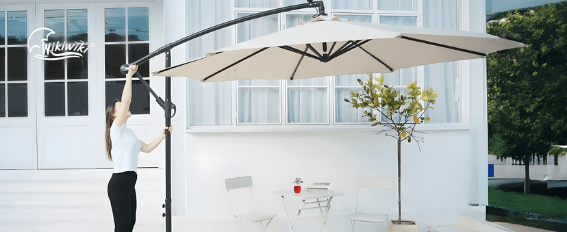 wikiwiki 10FT Solar Patio Offset Umbrella with Base Included, Outdoor Cantilever Umbrella Hanging Umbrellas with Weighted Sandbag Base, Market Patio Umbrella for Backyard, Garden & Deck, Beige