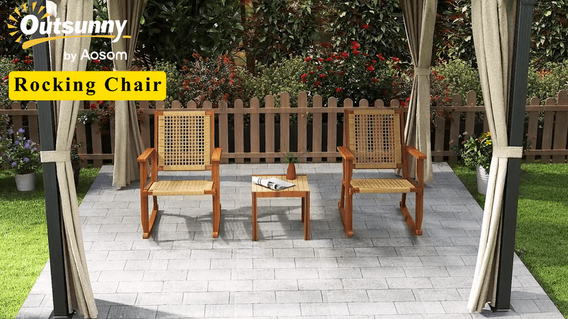 Outsunny Outdoor Rocking Chair Set of 2, Acacia Wood Outdoor Rockers with Armrests, Rattan Wicker Back and Seat, Patio Wooden Rocking Chair Set for Garden, Balcony, Porch, Khaki