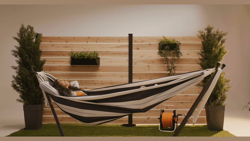 Vivere Double Cotton Hammock with Space Saving Steel Stand, Upgraded Polyester End Strings 450 lb Capacity - Premium Carry Bag Included - USA Grown Cotton (Natural)