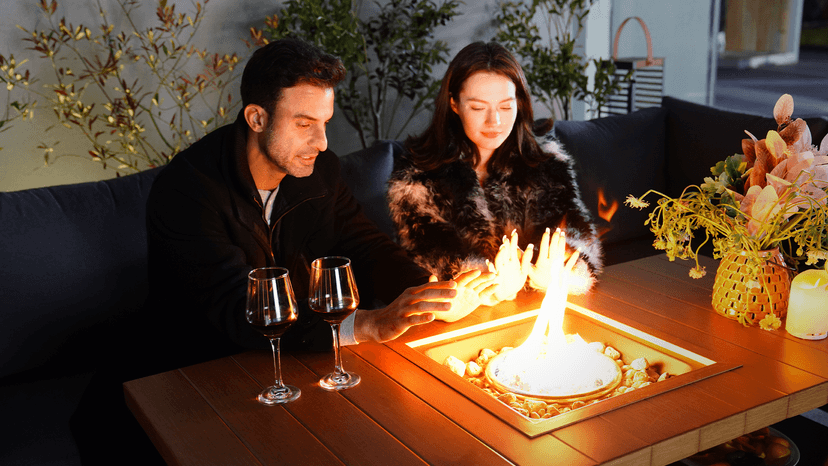 Grand patio 4-Piece Outdoor Furniture Set with Gas Fire Pit Table, Aluminum Patio Sofa Set for 8 with Faux Wood Grain Finish, Modern Patio Couch Sofa with Outdoor Bench and Chaise for Backyard