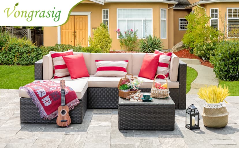 Vongrasig 5 Piece Patio Furniture Sets, All-Weather Brown PE Wicker Outdoor Couch Sectional Set, Small Conversation Set for Garden/Patio w/Ottoman, Glass Table, Red Pillow, Beige