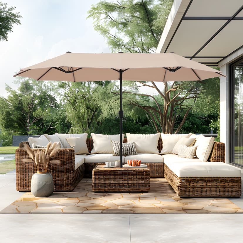 PHI VILLA 13ft Large Patio Umbrella Double-Sided Twin Outdoor Market Umbrella with Crank, Beige