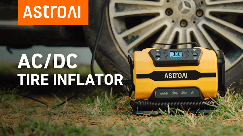 AstroAI Tire Inflator Portable Air Compressor Pump 150PSI 12V DC/110V AC with Dual Metal Motors &LED Light， Automotive Car Accessories&Two mode for car, bicycle tires and air mattresses, Yellow