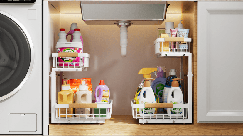 PXRACK 2 Pack Under Sink Organizer,Adjustable Height,2 Tier Pull Out Under Cabinet Organizer,Slide Out Thickened Metal Under Sink Storage for Kitchen Bathroom Laundry Cabinet Pantry,White