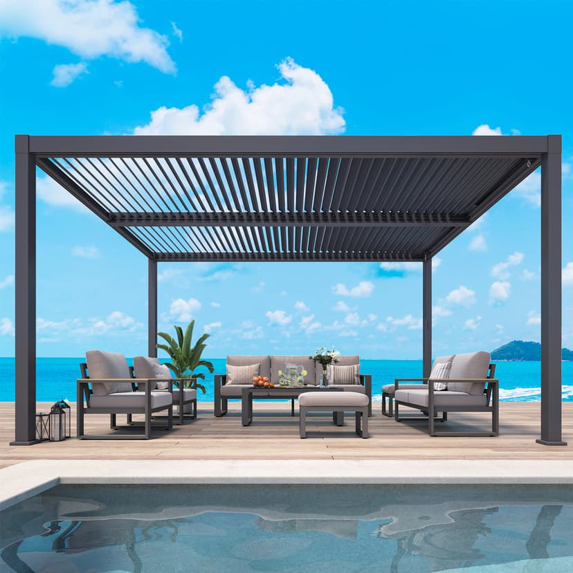 Louvered Pergola 12'x16', Full Aluminum Outdoor Pergola with Adjustable Proof and Gutter System, Metal Hardtop Gazebo for Patio, Deck, Garden, Yard, Black
