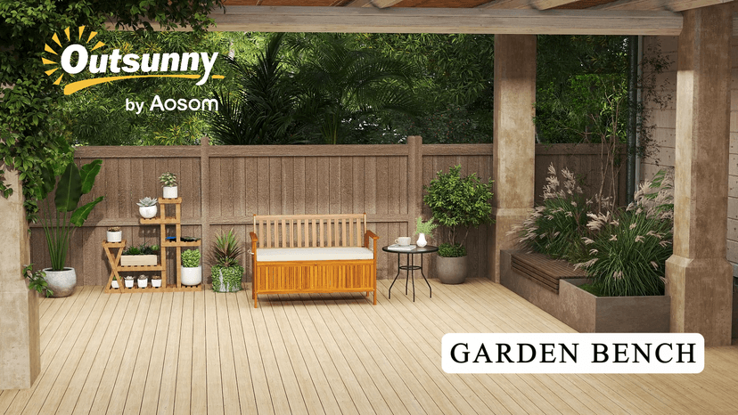 Outsunny Outdoor Bench with Storage Box, 28 Gallon Outdoor Storage Bench, Acacia Wood Garden Seat with Cushion, 2 Seater Patio Furniture for Park, Balcony, Teak