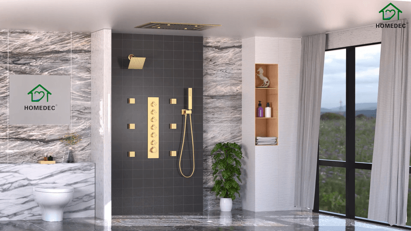HOMEDEC Double Shower Heads Full Body Shower System with 6pcs Body Jets, 3-in-1 Function 14x20inch and 6inch Showerheads, Rainfall Shower System, Black