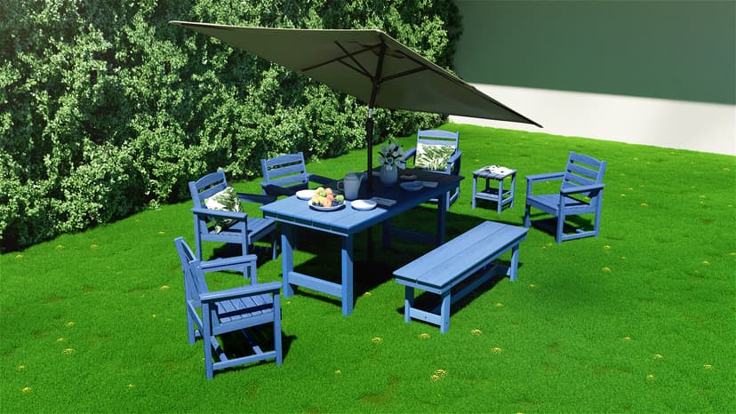 SERWALL Outdoor HDPE Dining Table Set, 7-Piece Outdoor Dining Table Sets with Umbrella Hole Cut-Out Table and 6 Chairs, Gray