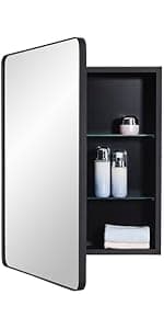 Black Bathroom Medicine Cabinet with Beveled Edge Mirrored Door 16 x 36 inch, Recessed or Surface Mount, with Adjustable Glass Shelves