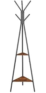 VASAGLE Coat Rack, Coat Stand with 3 Shelves, Hall Tree Free Standing with Hooks for Scarves, Bags, Umbrellas, Steel Frame, Industrial Style, for Entryway, Living Room, Rustic Brown and Black ULCR80X
