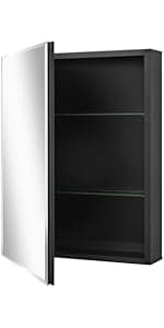 Fundin Plastic Black Medicine Cabinet, Beveled Edge Mirror Door with Round Corner Metal Frame, Recessed and Surface Mount Bathroom Medicine Cabinet, 16 x 24 inch Mirror Size